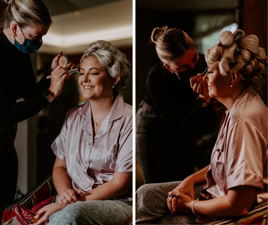 Bride getting hair and make up done