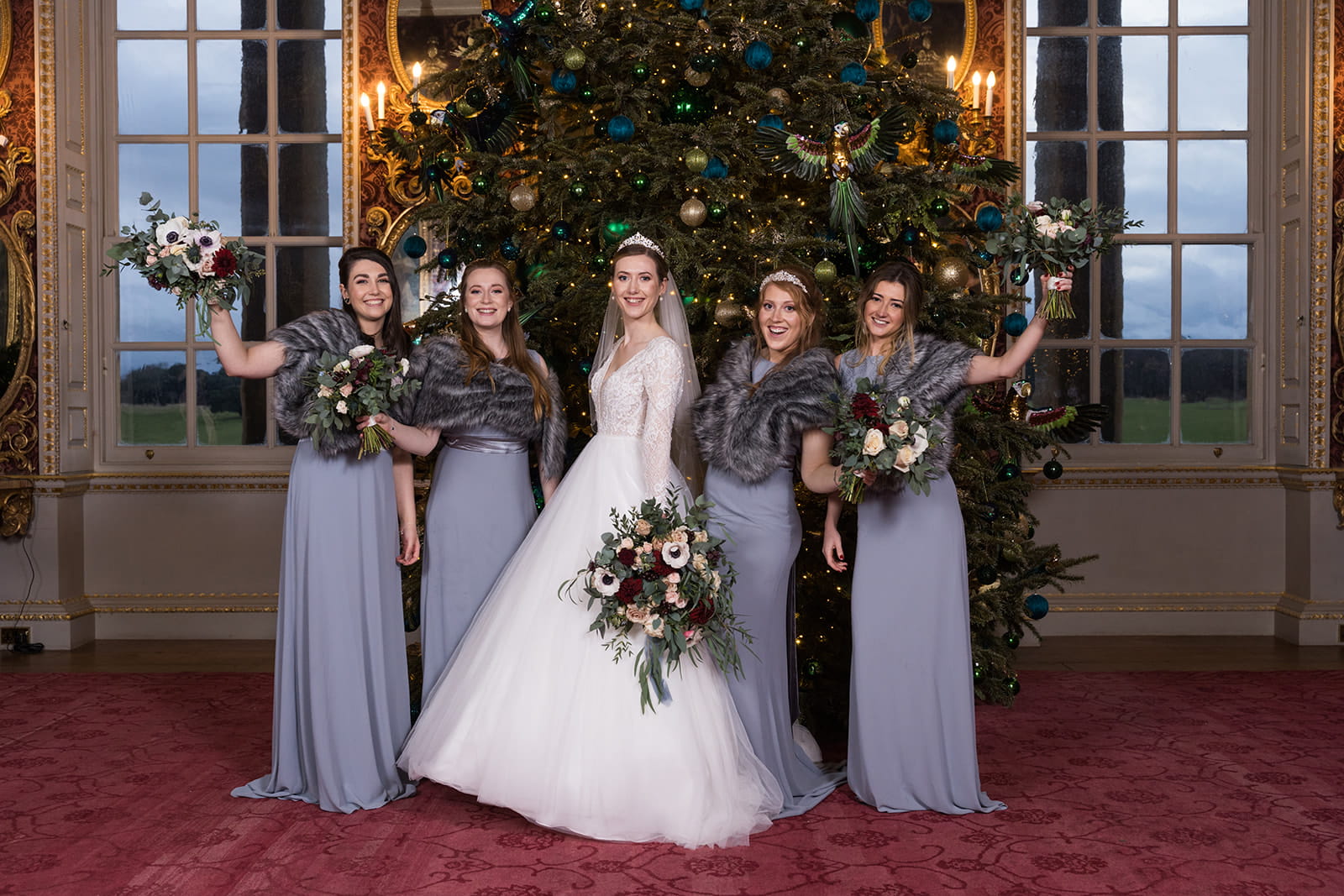 Wedding Bridal Party in front of Christmas Tree